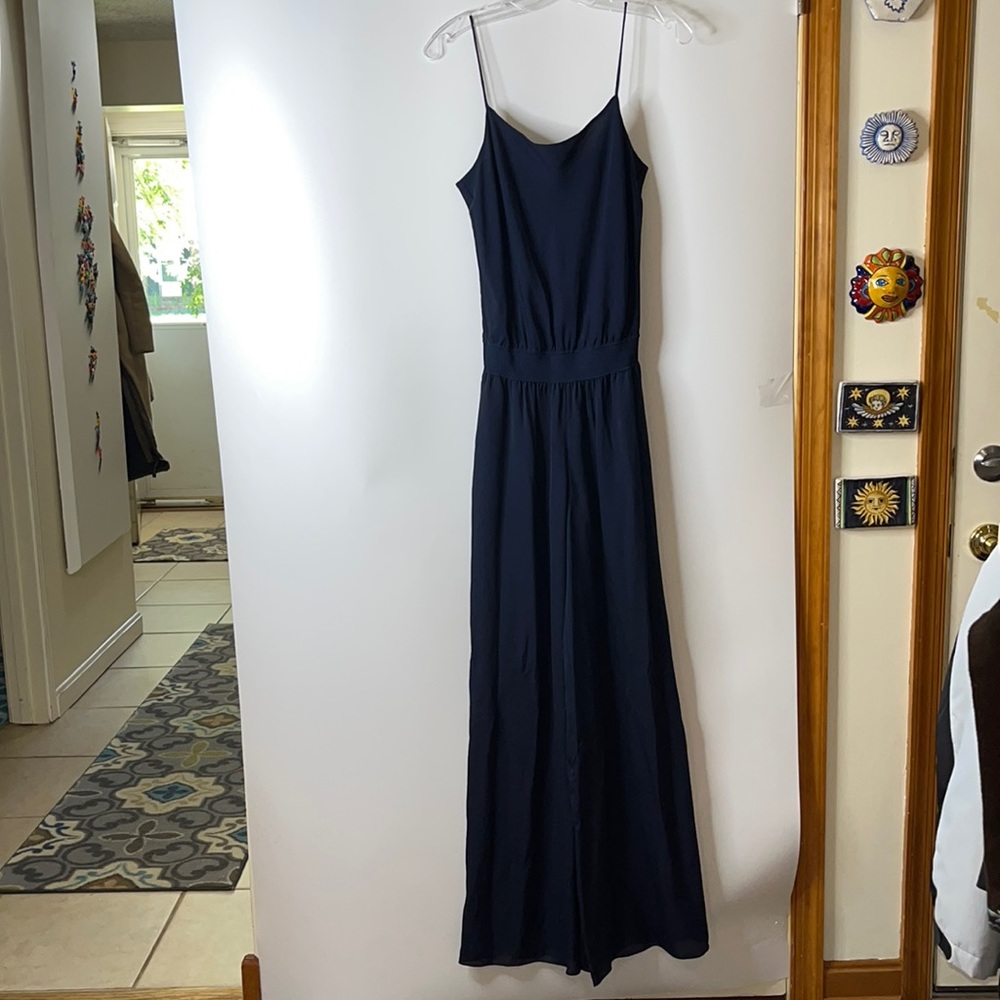 Theory Womens Navy Silk Wide Leg Jumpsuit Romper Ribbed Waist Pockets S SMALL